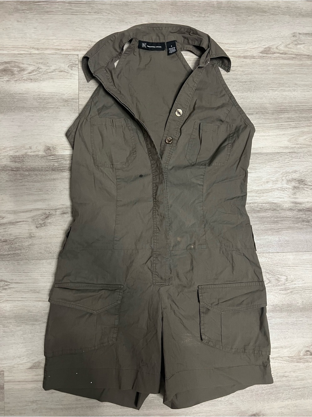 INC International Concepts Collared Utility Romper in Olive